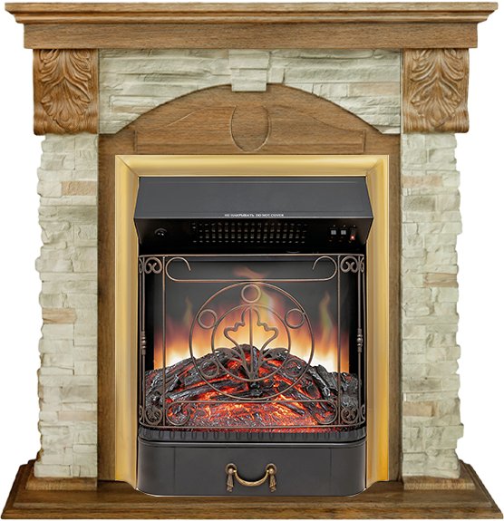 Каминокомплект Dublin (Разборный) - Дуб коньяк / Камень Онтарио с очагом Majestic FX Brass